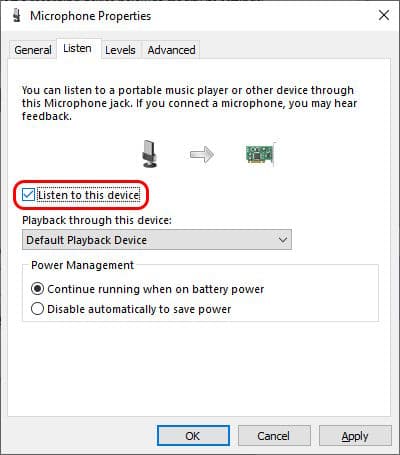 Screenshot of the Microphone Properties dialog in Windows showing how to enable listening to a device