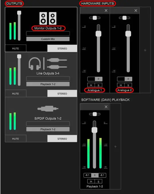 Screenshot of the Focusrite Control mixing/routing application supplied with 2nd gen Focusrite Scarlett 6i6 audio interface