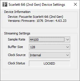 Screenshot of the ASIO configuration dialog for a Focusrite Scarlett 6i6 audio interface