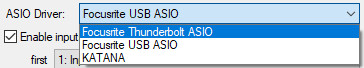 Screenshot of the ASIO Driver dropdown in Reaper for a Focusrite Scarlett 6i6 audio interface