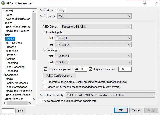 Screenshot of the Audio device settings in Reaper
