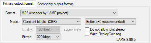 Screenshot of the mp3 output options from the Render to file dialog in Reaper